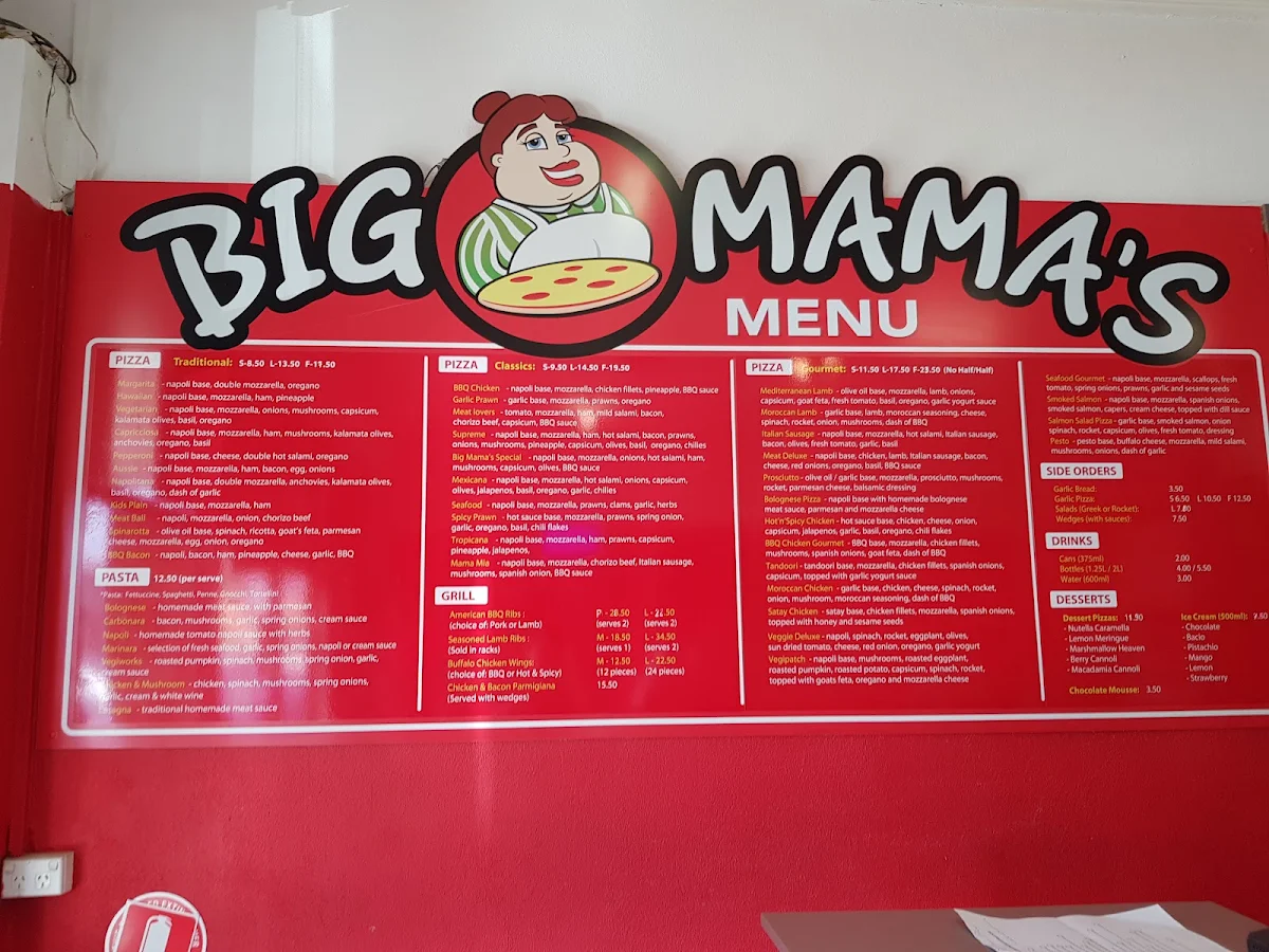 Menu, Big Mama's Pizza