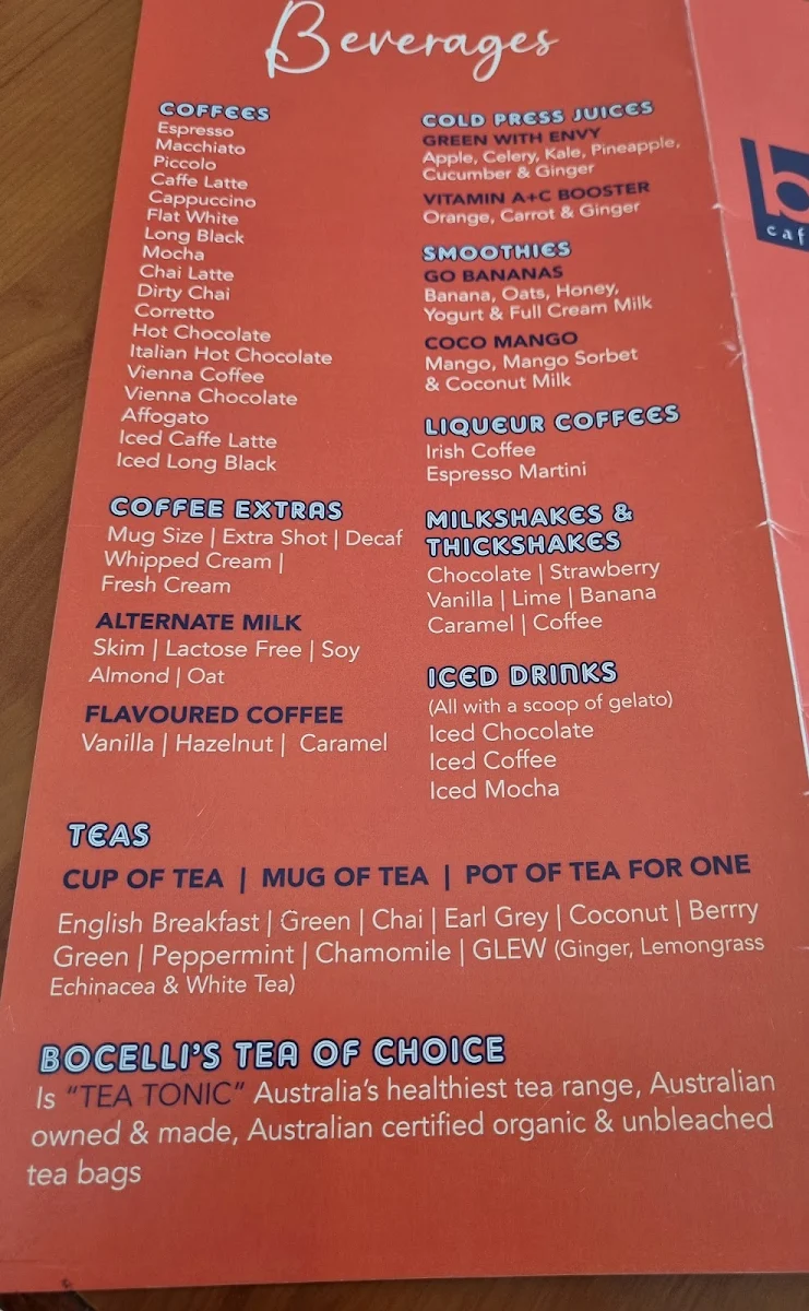 Menu, Bocelli Caffe Ristorante