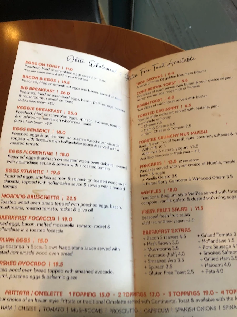 Menu, Bocelli Caffe Ristorante