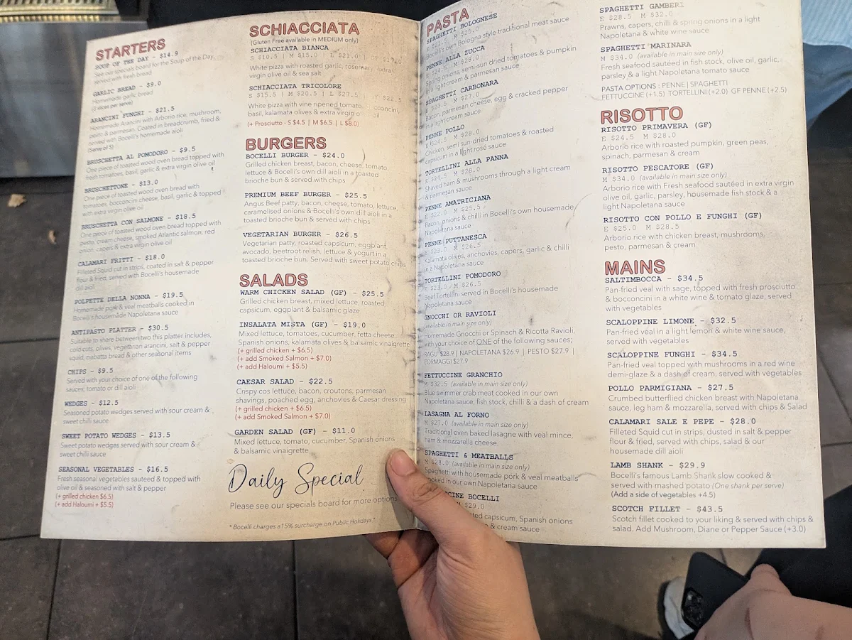 Menu, Bocelli Caffe Ristorante