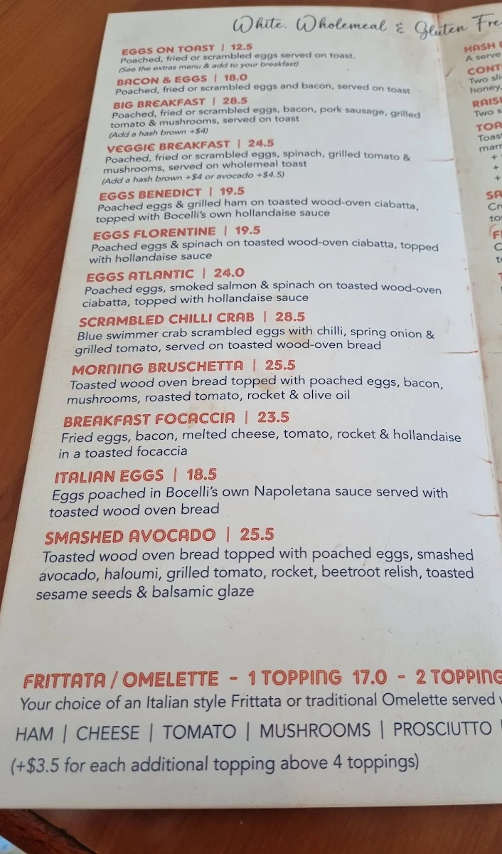 Menu, Bocelli Caffe Ristorante