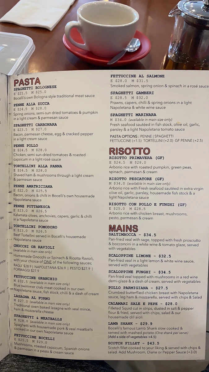 Menu, Bocelli Caffe Ristorante