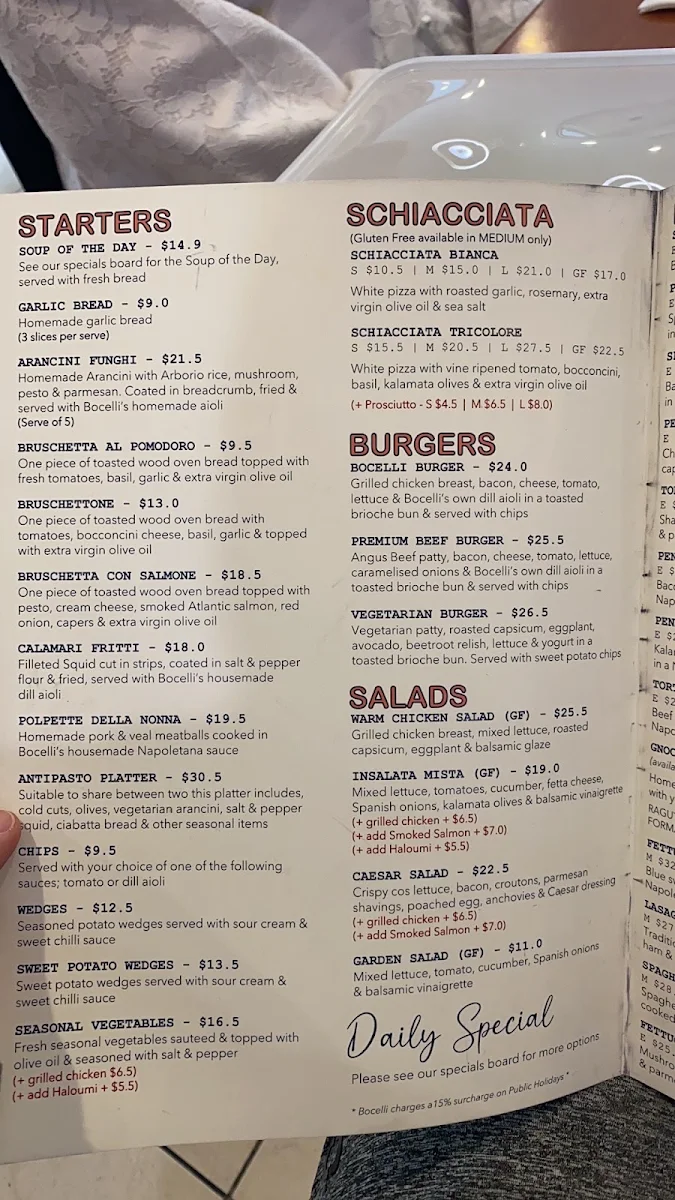 Menu, Bocelli Caffe Ristorante