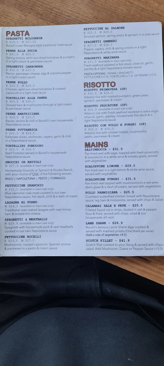 Menu, Bocelli Caffe Ristorante
