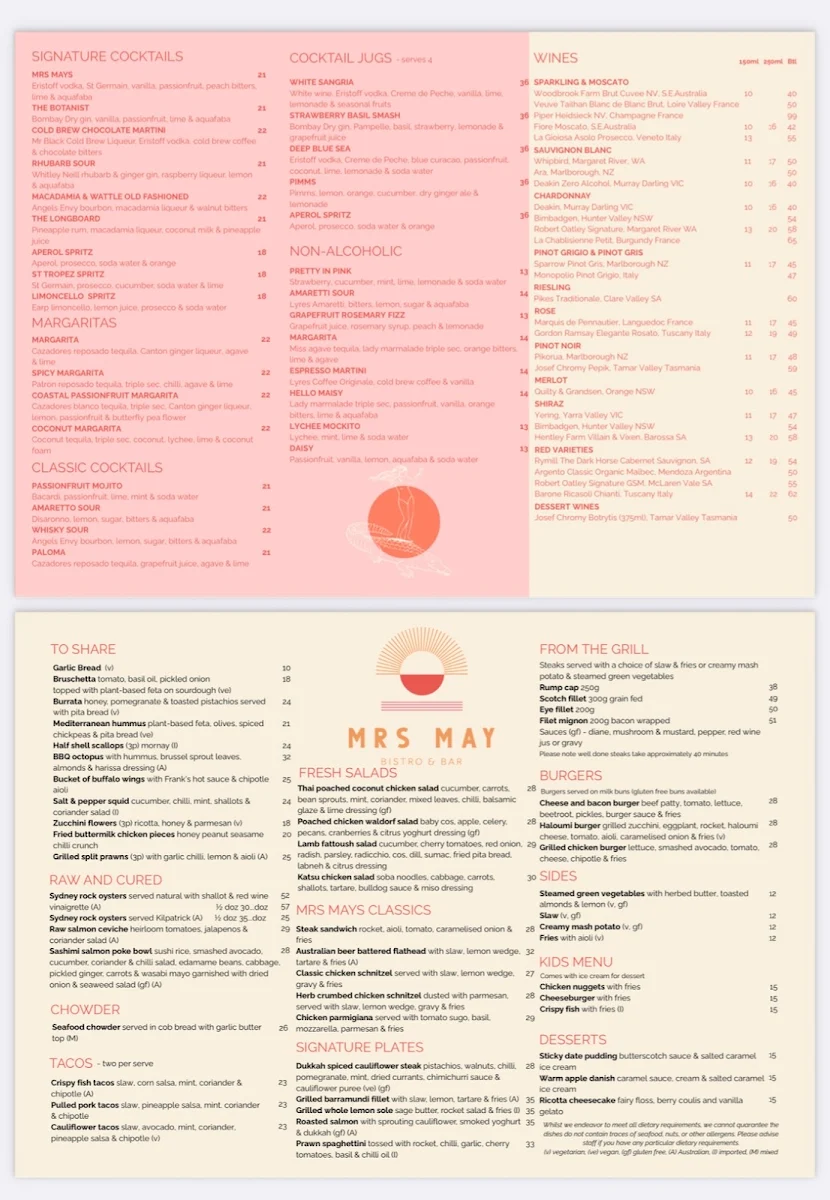 Menu, Mrs May Bistro and Bar