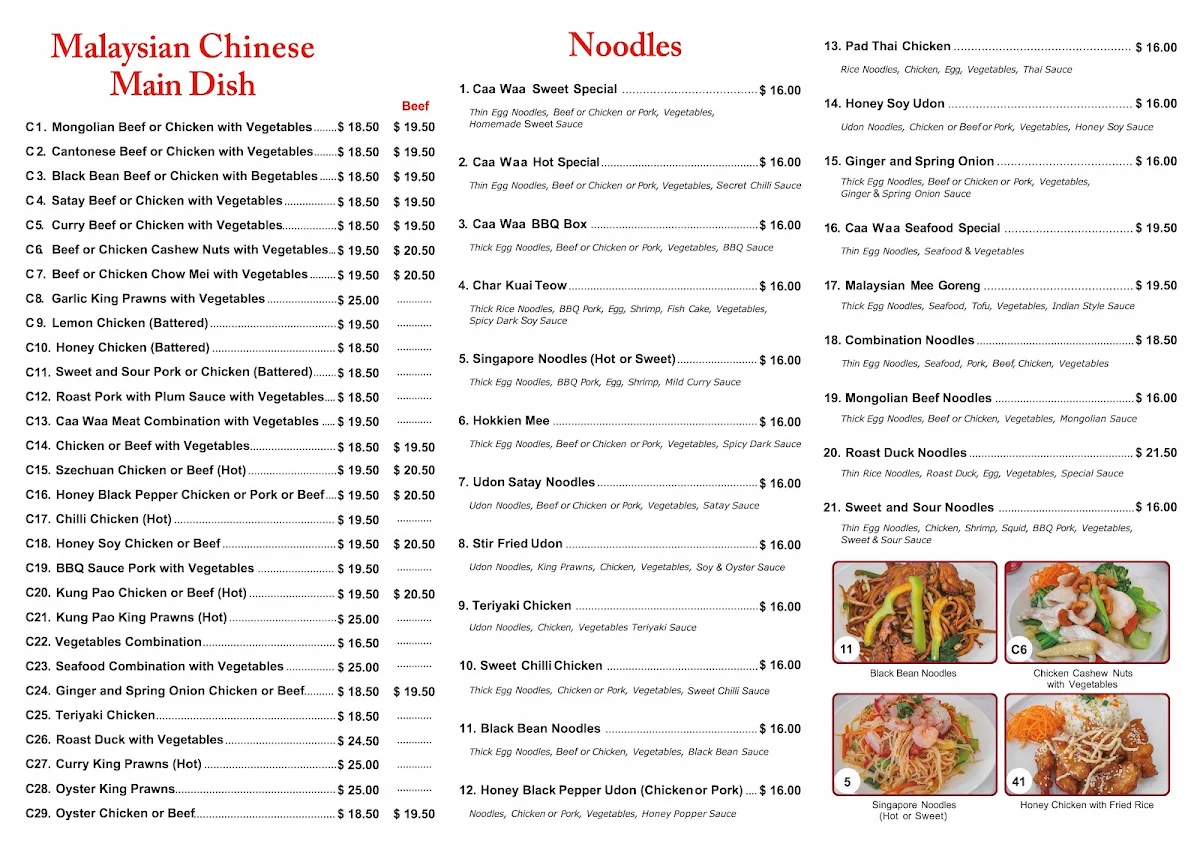 Menu, Papa's Rich Noodles Warragul