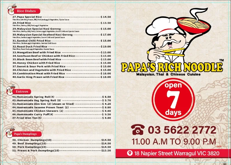 Menu, Papa's Rich Noodles Warragul