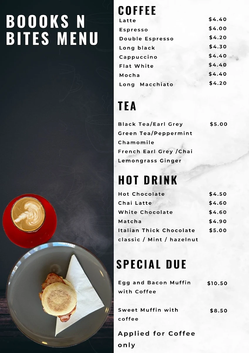 Menu, Books n Bites cafe