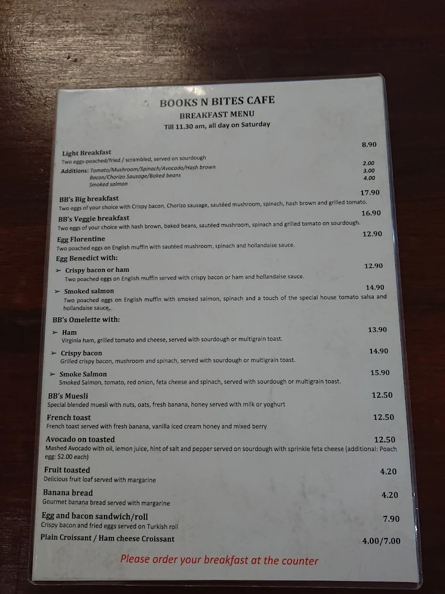 Menu, Books n Bites cafe