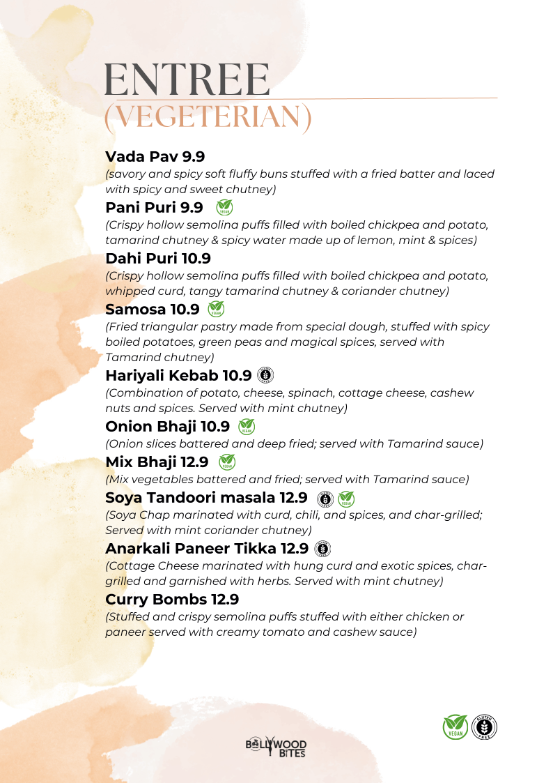 Menu, Bollywood Bites Adelaide's best indian restaurant