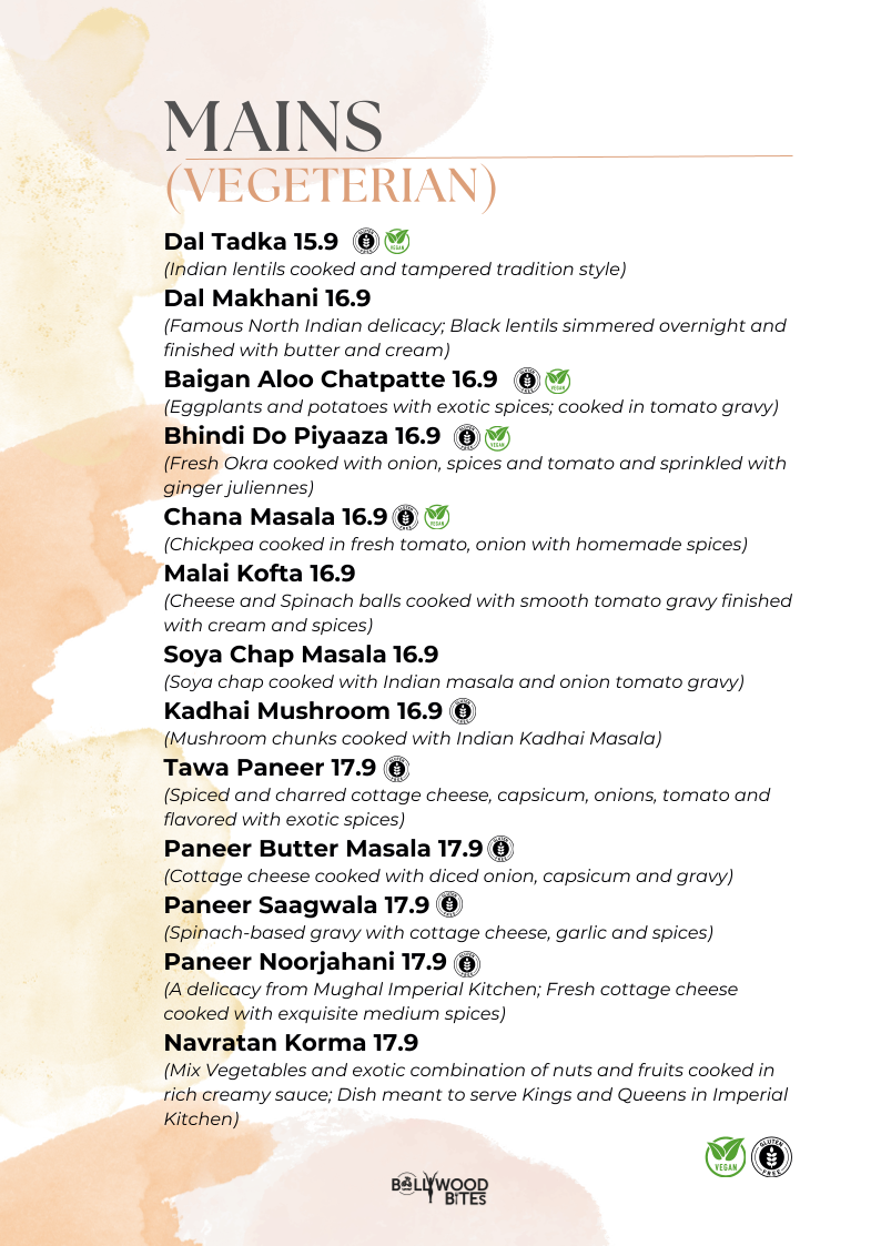 Menu, Bollywood Bites Adelaide's best indian restaurant