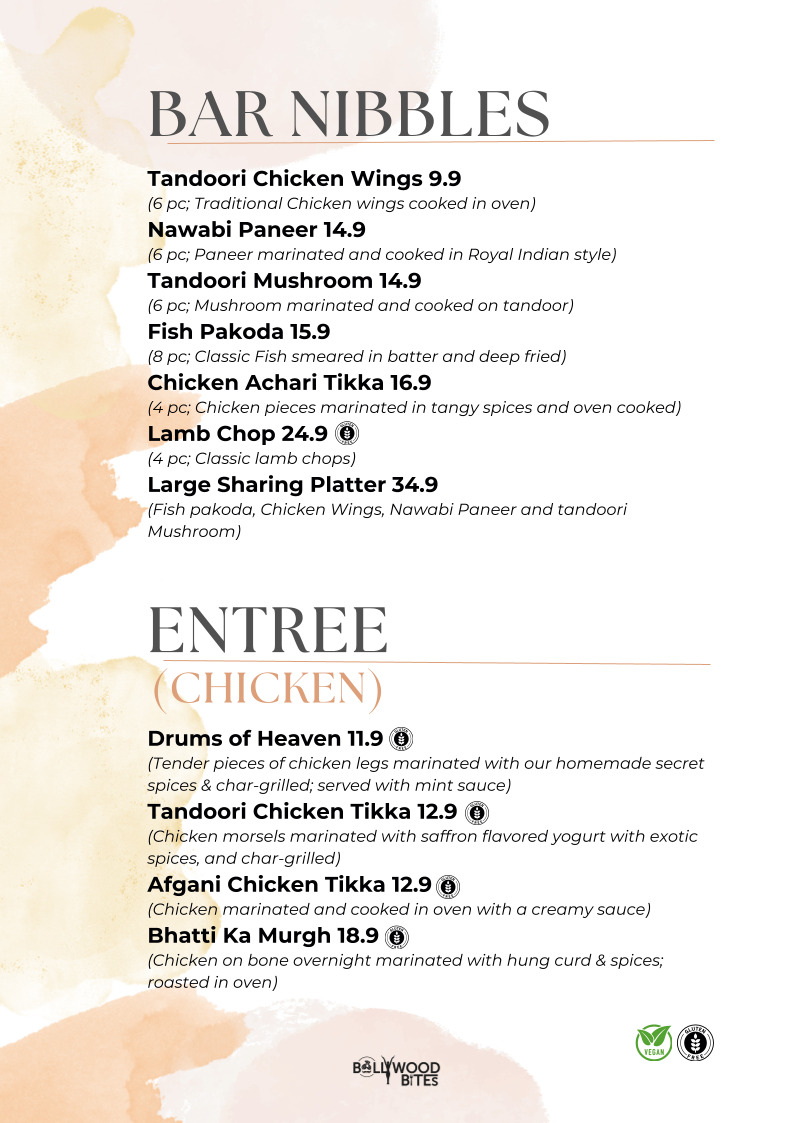 Menu, Bollywood Bites Adelaide's best indian restaurant