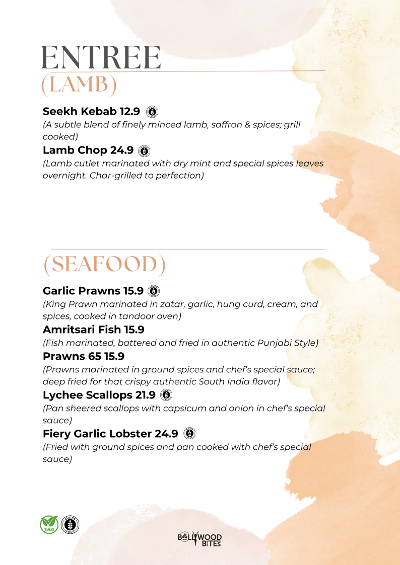 Menu, Bollywood Bites Adelaide's best indian restaurant
