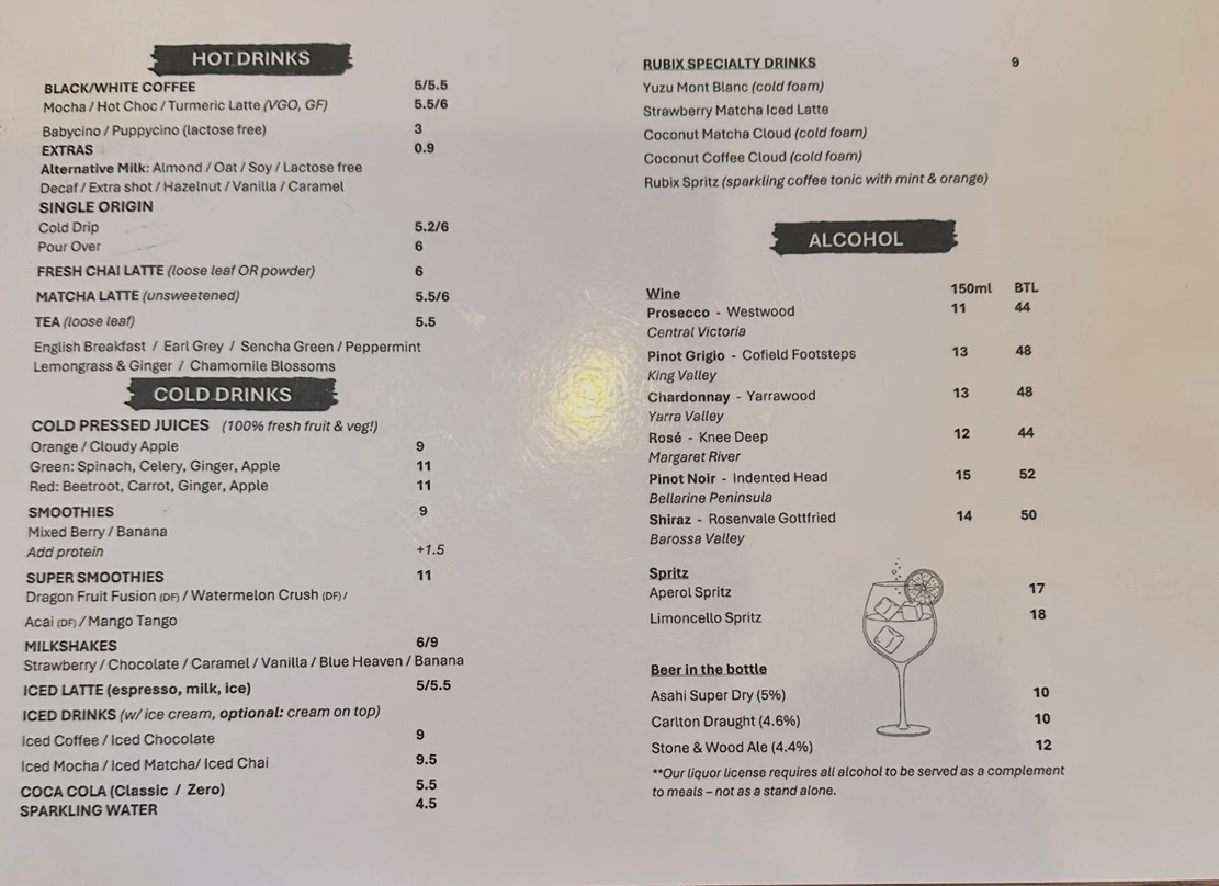 Menu, Cafe Rubix