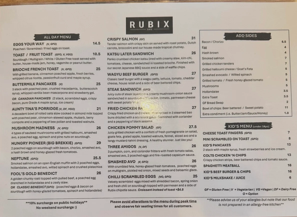 Menu, Cafe Rubix