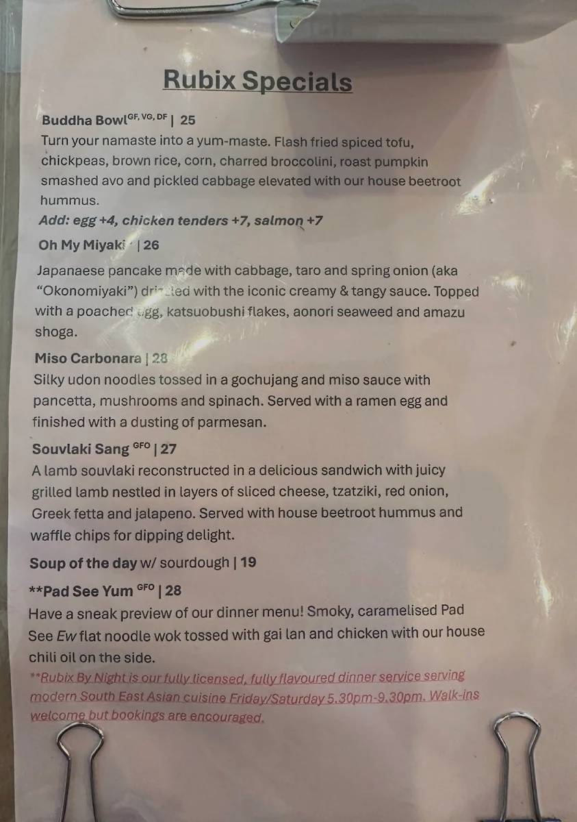 Menu, Cafe Rubix