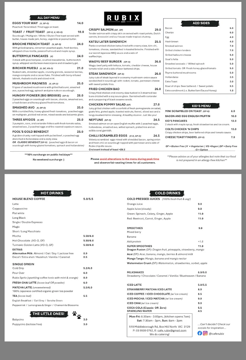 Menu, Cafe Rubix