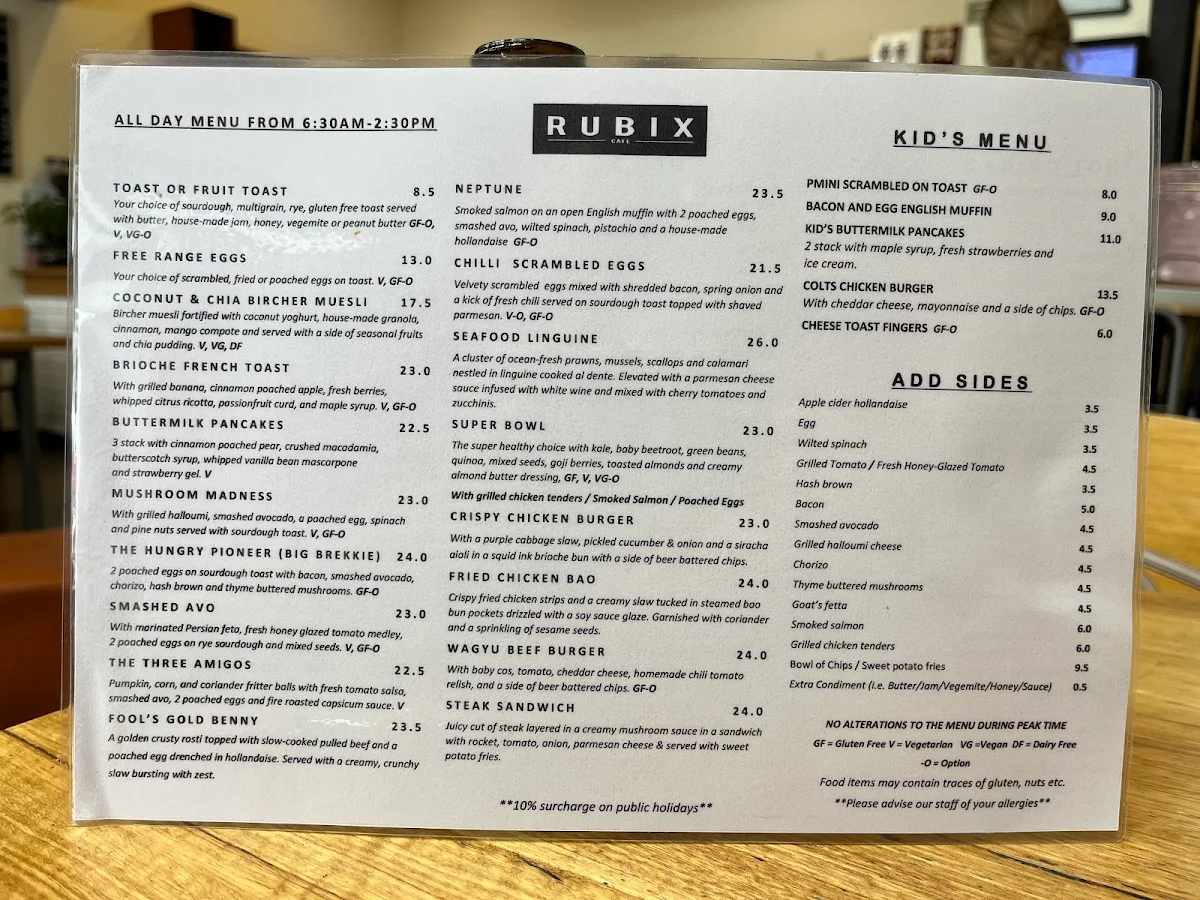 Menu, Cafe Rubix