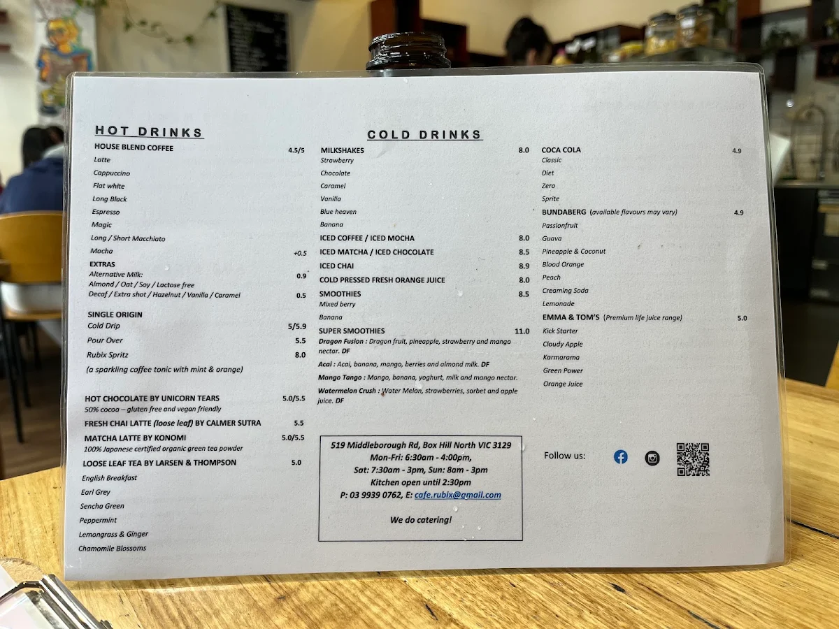 Menu, Cafe Rubix