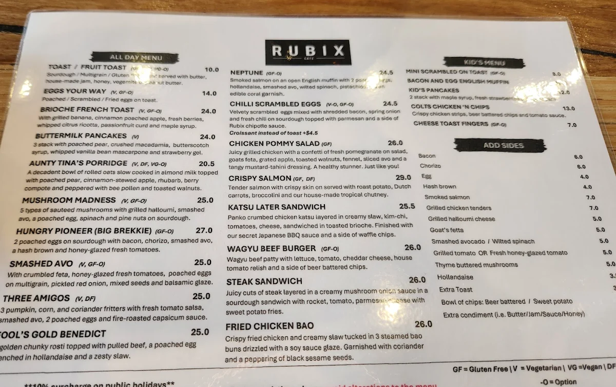 Menu, Cafe Rubix