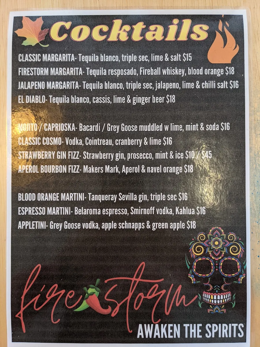 Menu, Firestorm Takeaway & Taco Shop