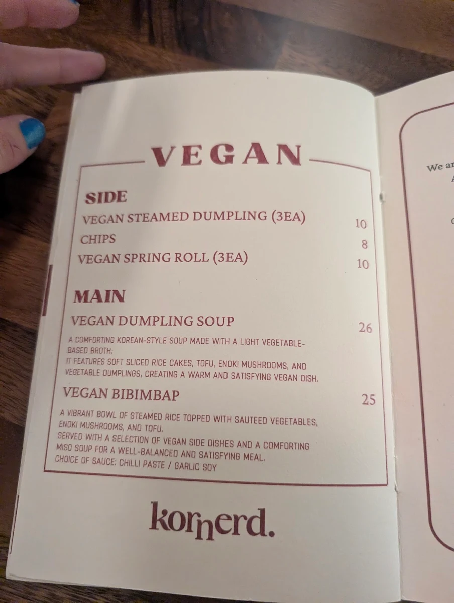 Menu, kornerd.