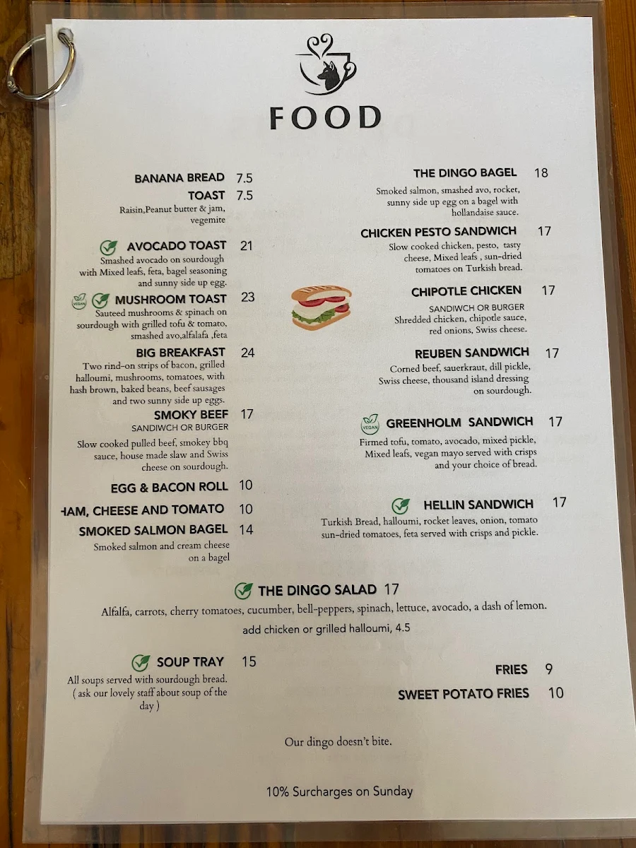 Menu, The Dingo Cafe