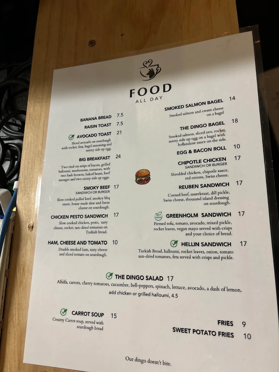 Menu, The Dingo Cafe
