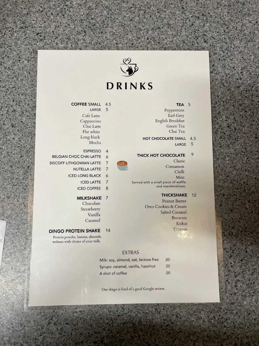 Menu, The Dingo Cafe