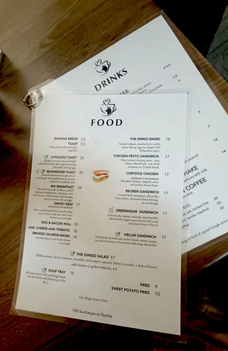 Menu, The Dingo Cafe