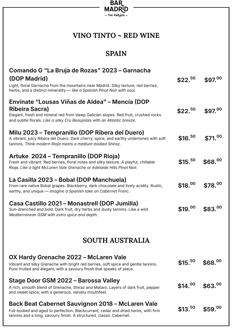 Menu, Bar Madrid / Authentic Madrid Tapas & Wine