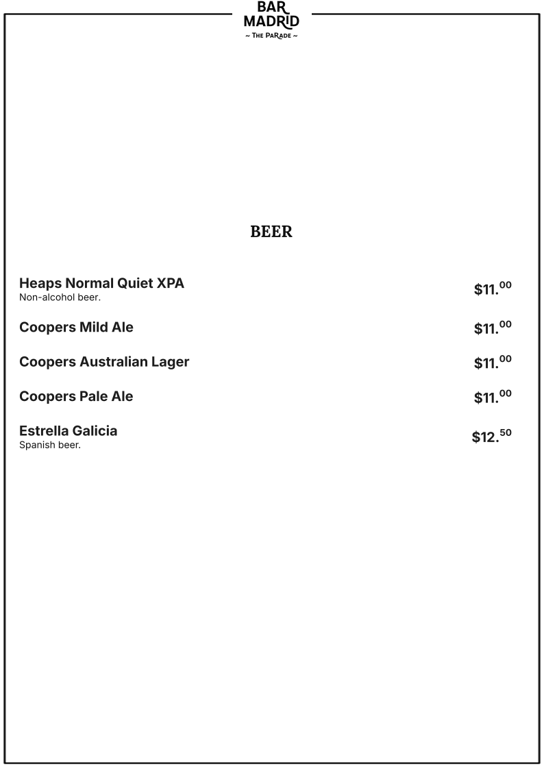 Menu, Bar Madrid / Authentic Madrid Tapas & Wine