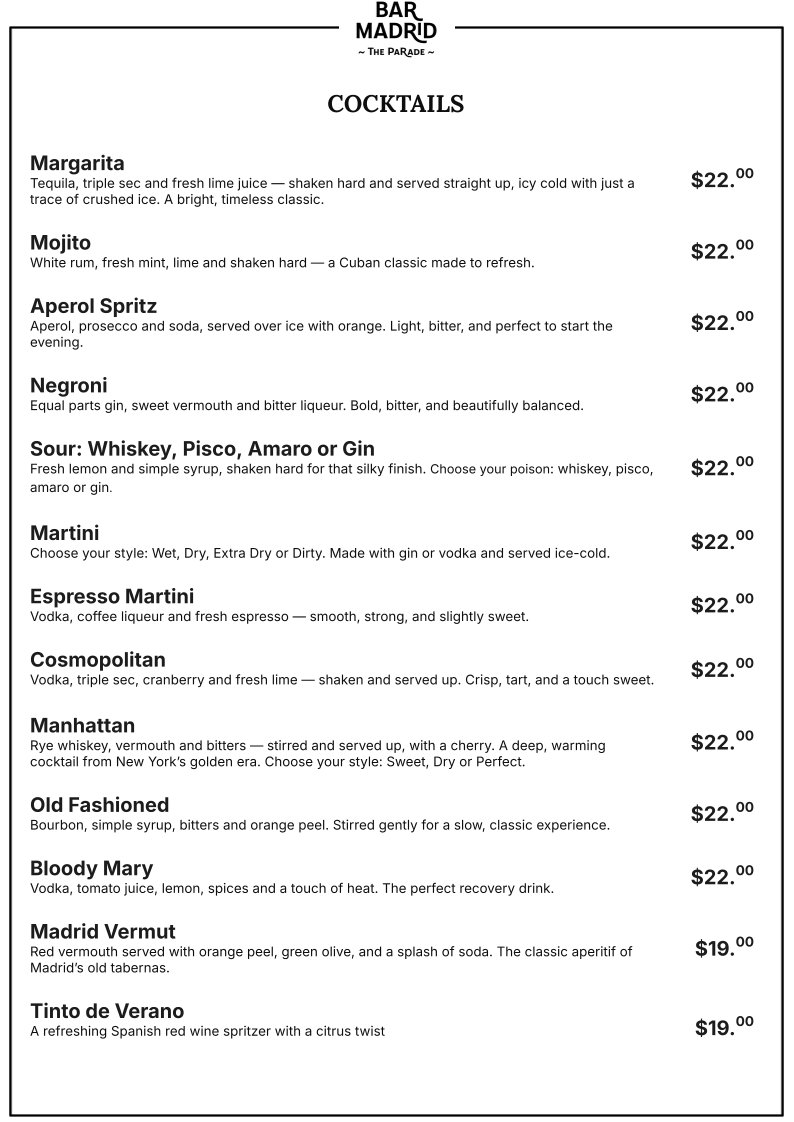 Menu, Bar Madrid / Authentic Madrid Tapas & Wine
