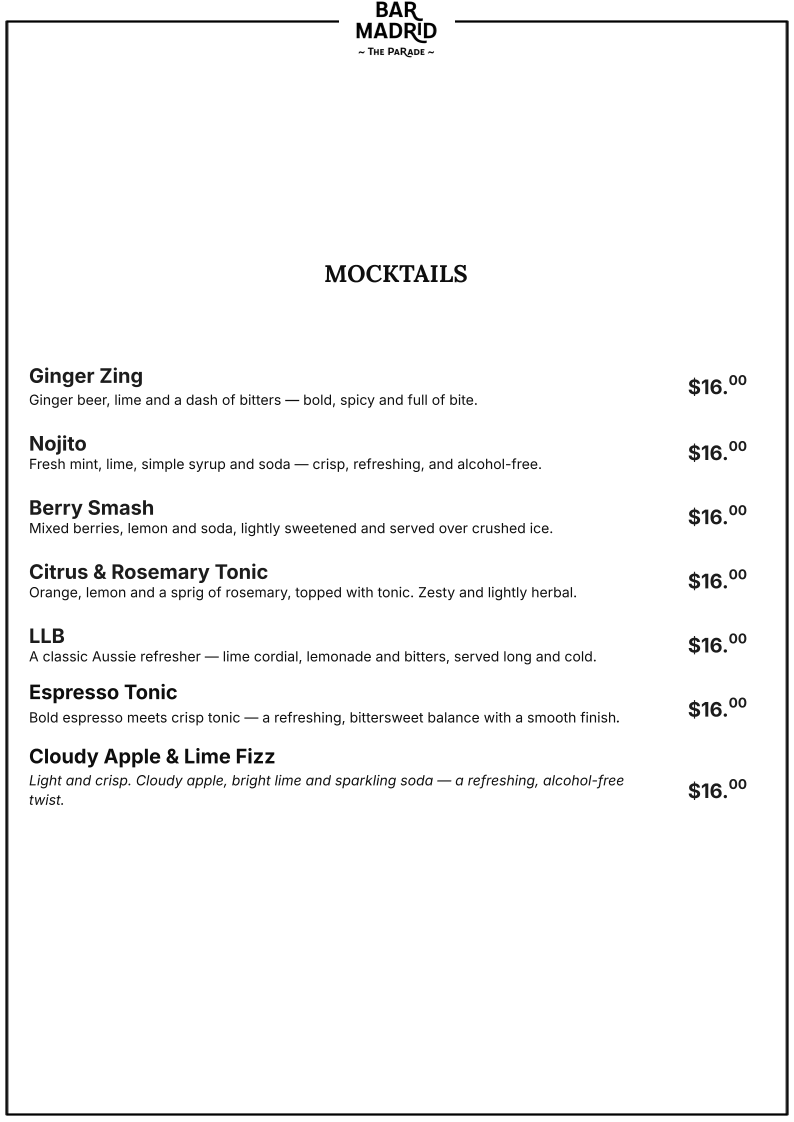 Menu, Bar Madrid / Authentic Madrid Tapas & Wine