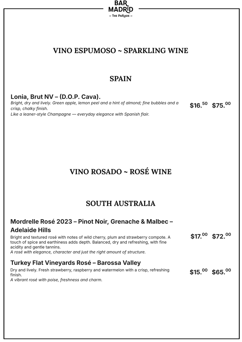 Menu, Bar Madrid / Authentic Madrid Tapas & Wine