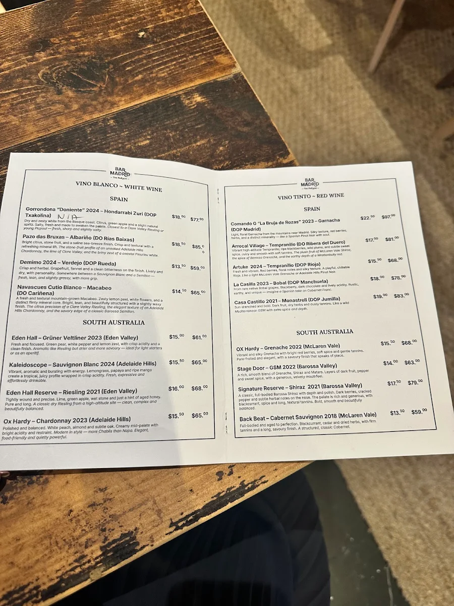 Menu, Bar Madrid / Authentic Madrid Tapas & Wine