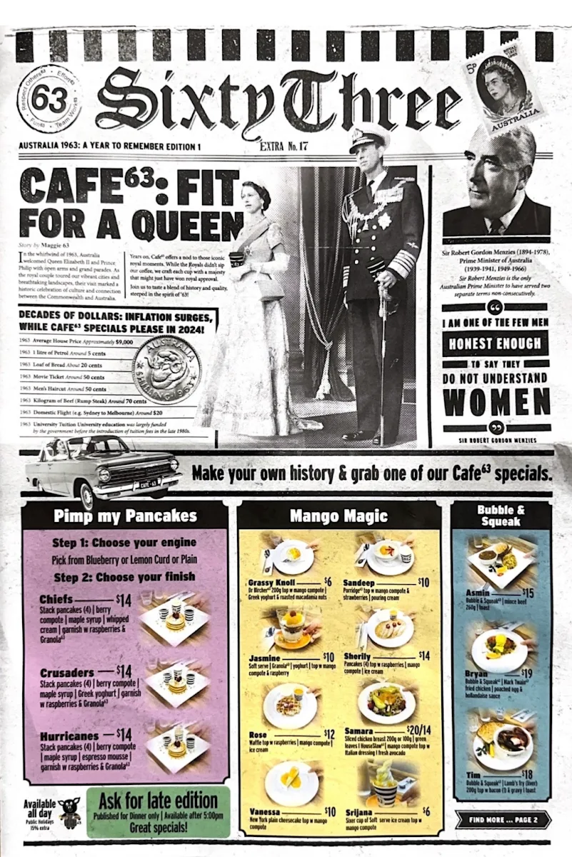 Menu, Cafe63 Raintrees