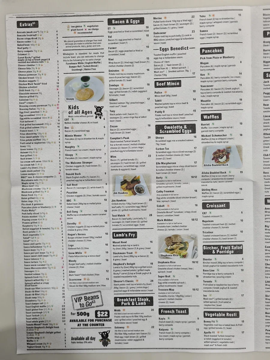 Menu, Cafe63 Raintrees