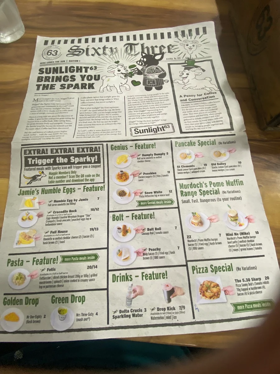 Menu, Cafe63 Raintrees