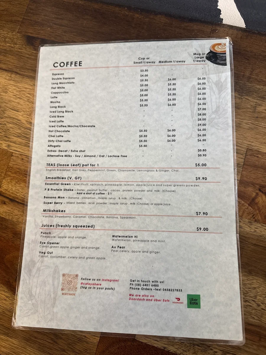 Menu, Cafe Ya Here