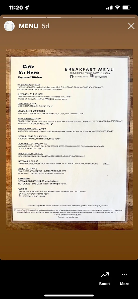 Menu, Cafe Ya Here