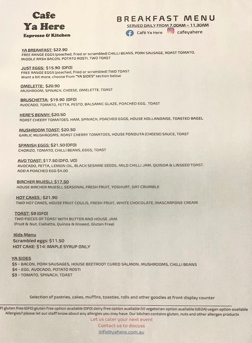 Menu, Cafe Ya Here