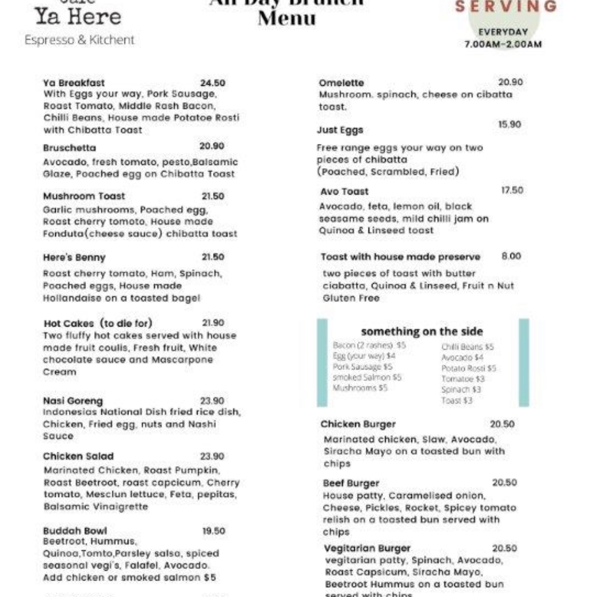 Menu, Cafe Ya Here
