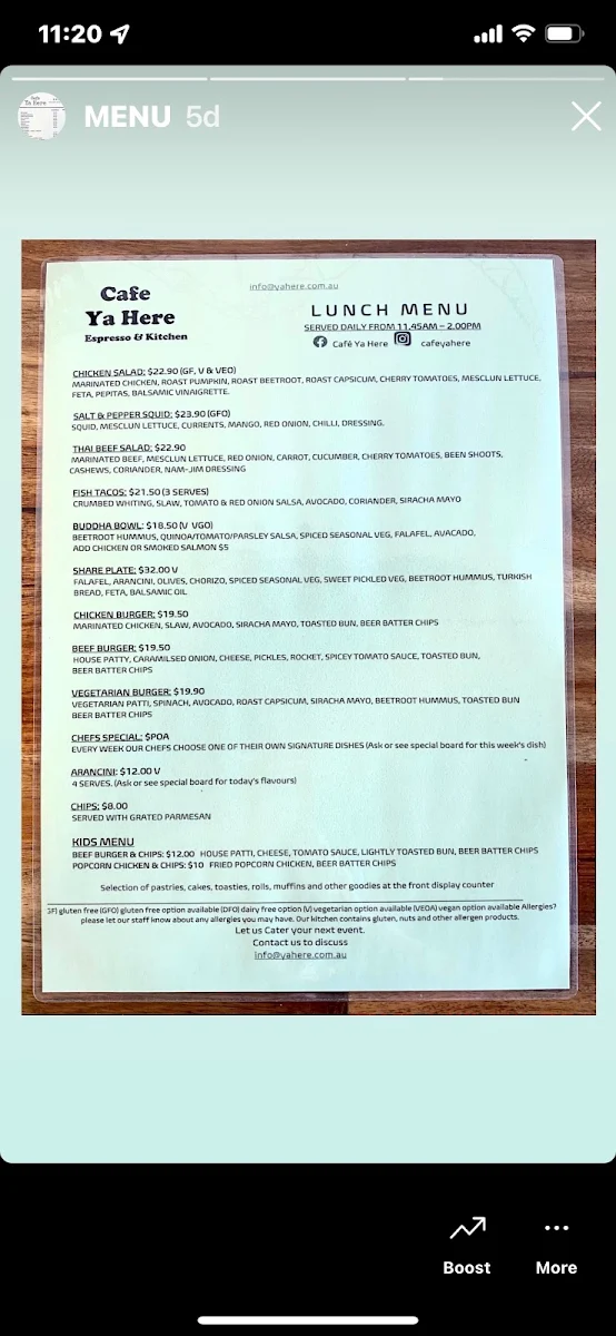 Menu, Cafe Ya Here