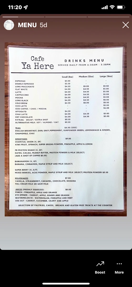 Menu, Cafe Ya Here