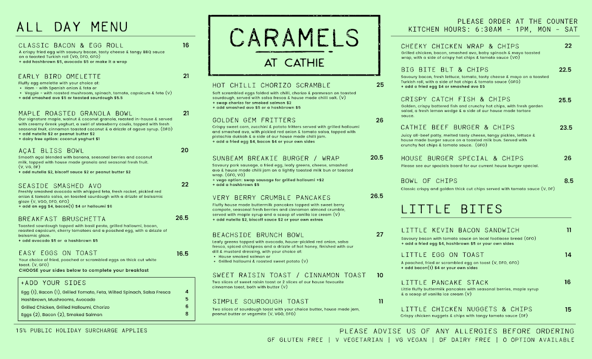 Menu, Caramels at Cathie