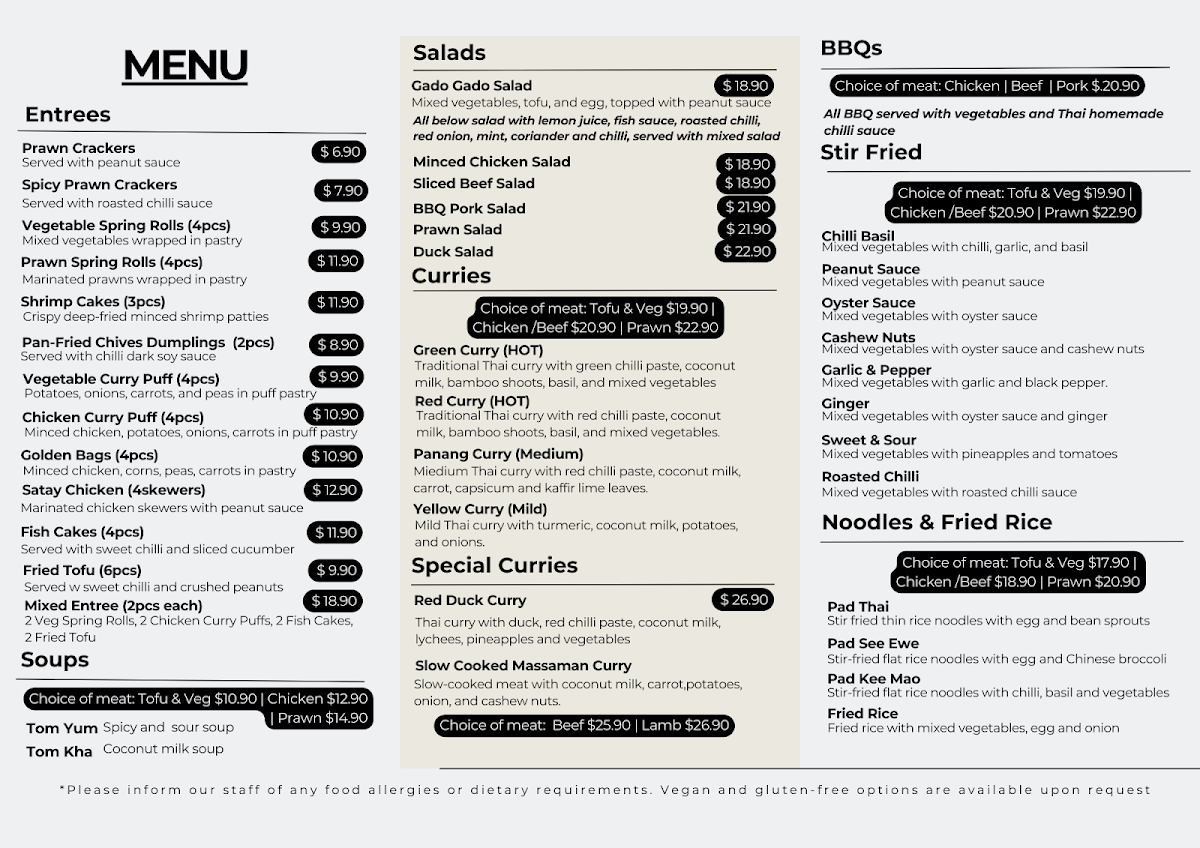 Menu, Sukhumvit Thai Restaurant