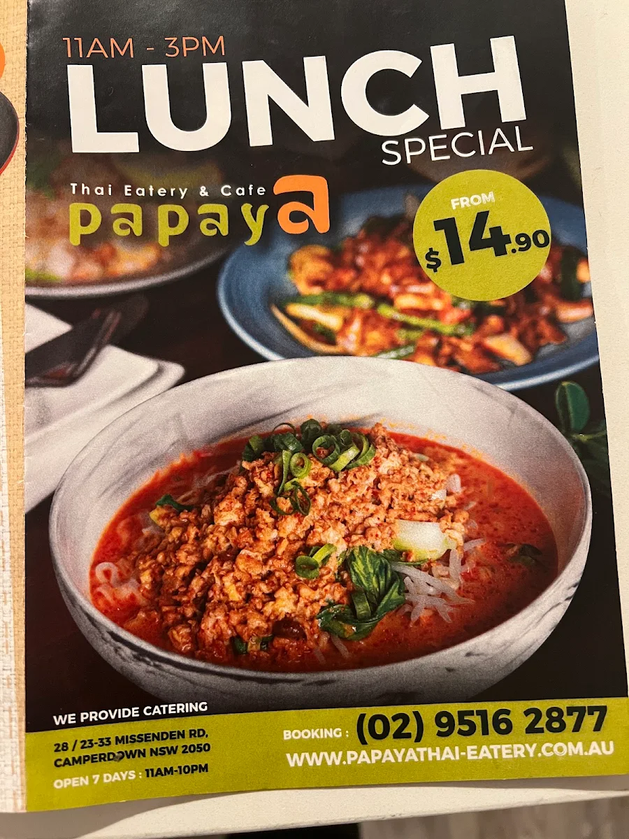 Menu, Papaya Thai Eatery & Cafe