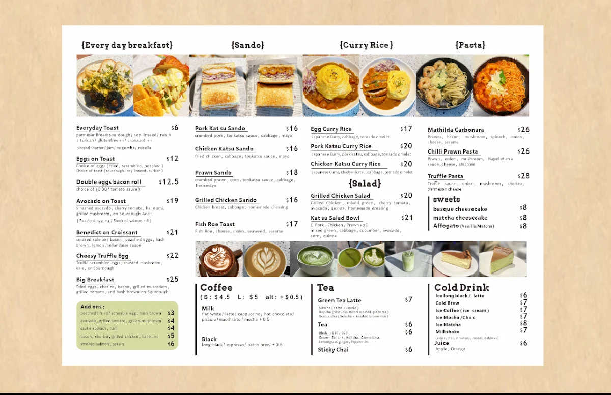 Menu, Kitaya Cafe Chatswood