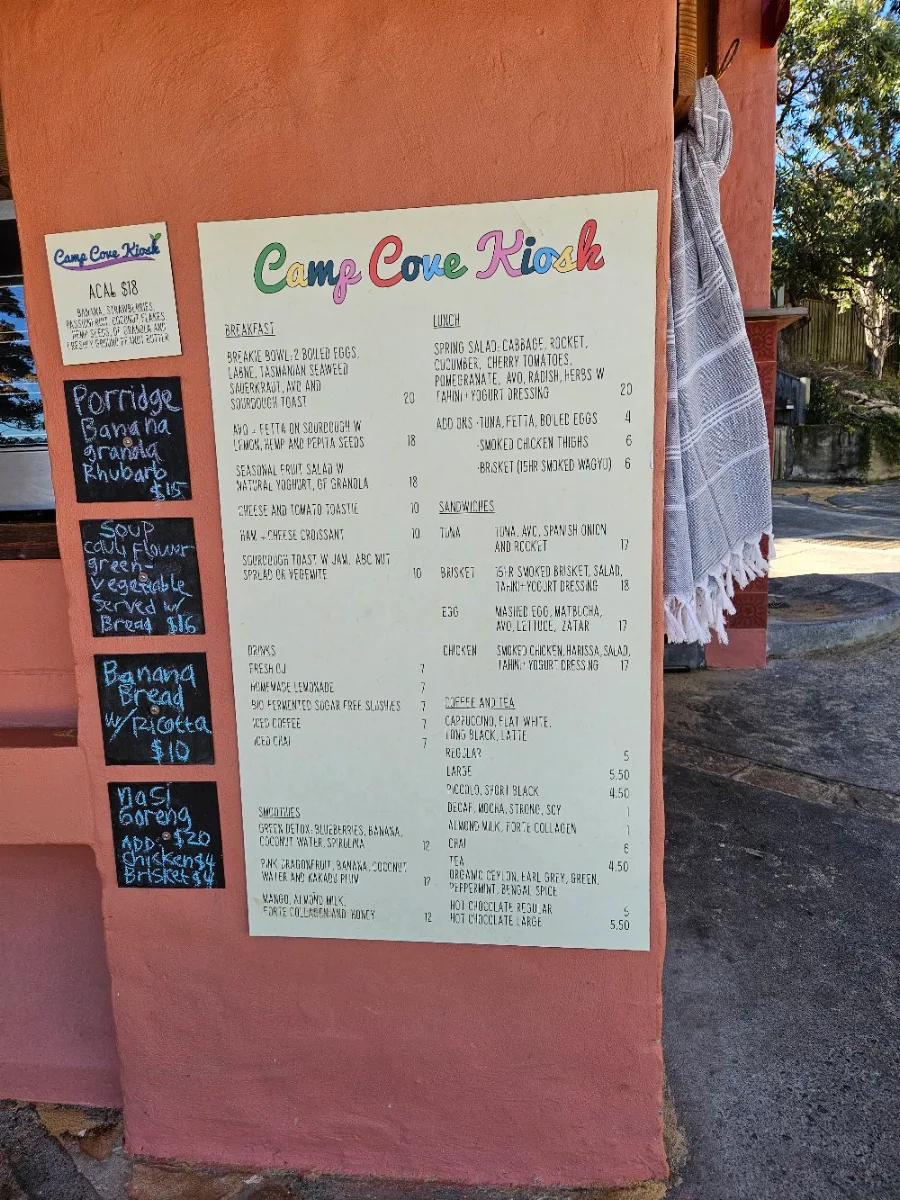 Menu, Camp Cove Kiosk Watsons Bay